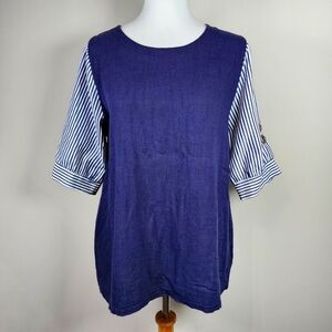 K Three Top Womens Medium Nautical Blue Striped Shirt Sleeve Shirt Preppy Korean